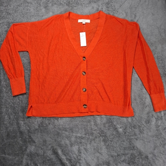 LOFT Women’s Orange Drop Shoulder V-Neck Button Down Cardigan Sweater Size M - Picture 2 of 12